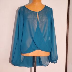XOXO Teal Blue Sheer Surplice Blouse